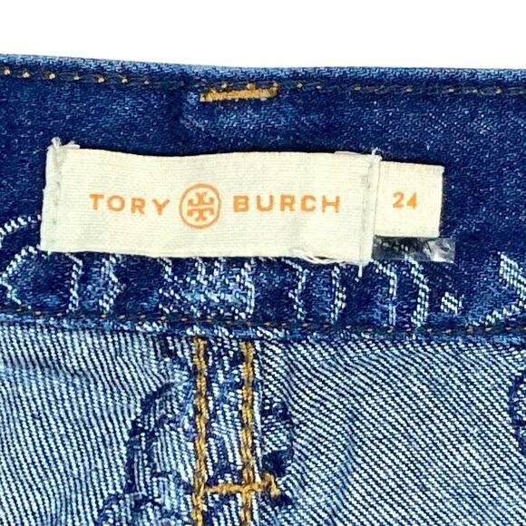 Tory Burch Jeans Womens 24 Blue Gemini Link Bloom Jacquard Rockabilly Denim Pant - Picture 14 of 16